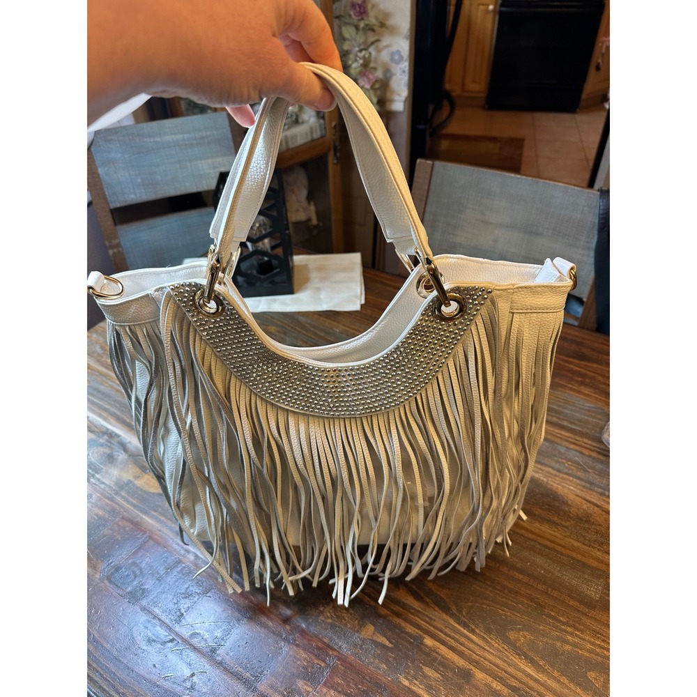 White Faux Leather Fringe Rhinestone Western Tote Bag Boho Handbag Cowgirl